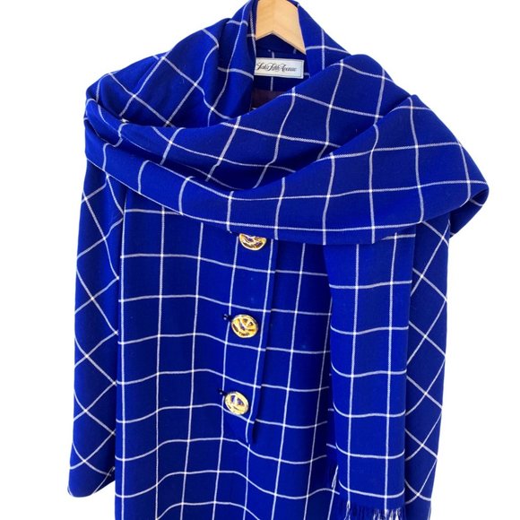 VINTAGE SAKS FIFTH AVENUE DAVID HAYES Wool Blue Plaid Wool Dress Scarf USA Sz 8 - Picture 3 of 8